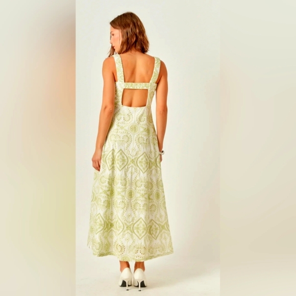 Endless Rose Green Pistachio Eyelet Embroidered White Cotton Maxi Dress Size M - Picture 2 of 16